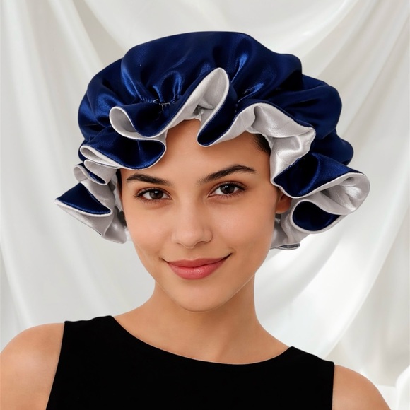 Accessories - Reversible Satin Sleep Bonnet – Navy Blue & Silver – Extra Large, Elastic Fit